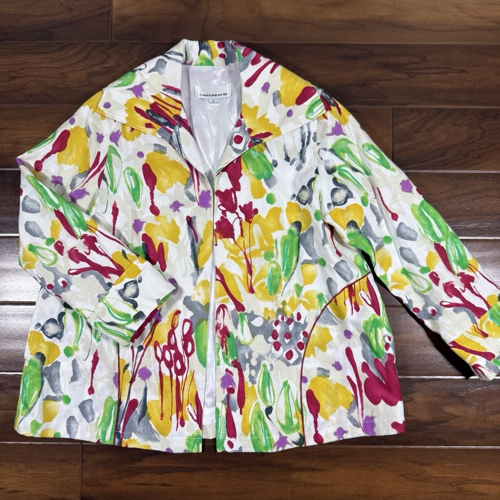 Caroline Rose Women's Size Large Abstract 100% Linen Open Front Jacket Blazer